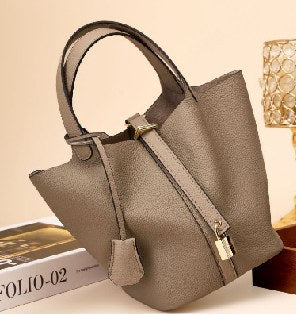 Top-Grain Cowhide Bucket Bag, Style 2120 in elephant grey, black, apricot