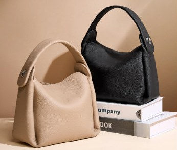 Top-Grain Cowhide Bucket Bag, Style 2166 in black, milk-tea beige