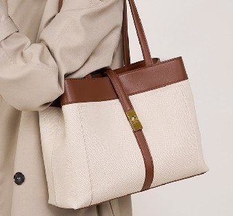 Cowhide Leather Tote Bag, Style 2396 in beige with brown