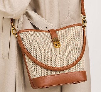 Leather-Trim Fabric Bucket Bag, Style 2501 in beige with brown