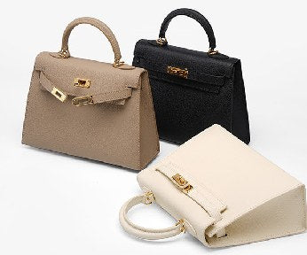 Cowhide Leather Top-Handle Bag, Style 2520 in elephant grey, cream white, biscuit