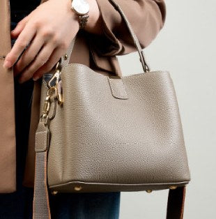 Top-Grain Cowhide Bucket Bag, Style 3030 in grey, black, ivory