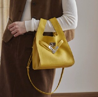 Top-Grain Cowhide Bucket Bag, Style 3089 in black, lemon yellow, golden brown