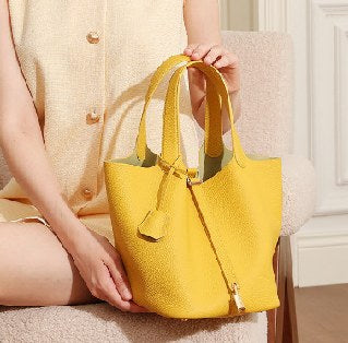 Top-Grain Cowhide Bucket Bag, Style 3120 in yellow, pink, cream white