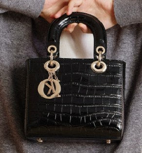 Cowhide Leather Top-Handle Bag, Style 3171 in black, ivory