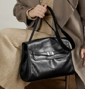 Top-Grain Cowhide Shoulder Bag, Style 3281 in black, coffee