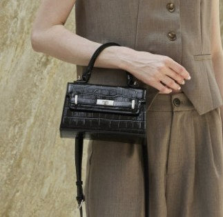 Cowhide Leather Top-Handle Bag, Style 3318 in black, ivory