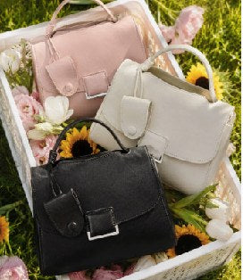 Cowhide Leather Top-Handle Bag, Style 3552 in black, ivory, pink